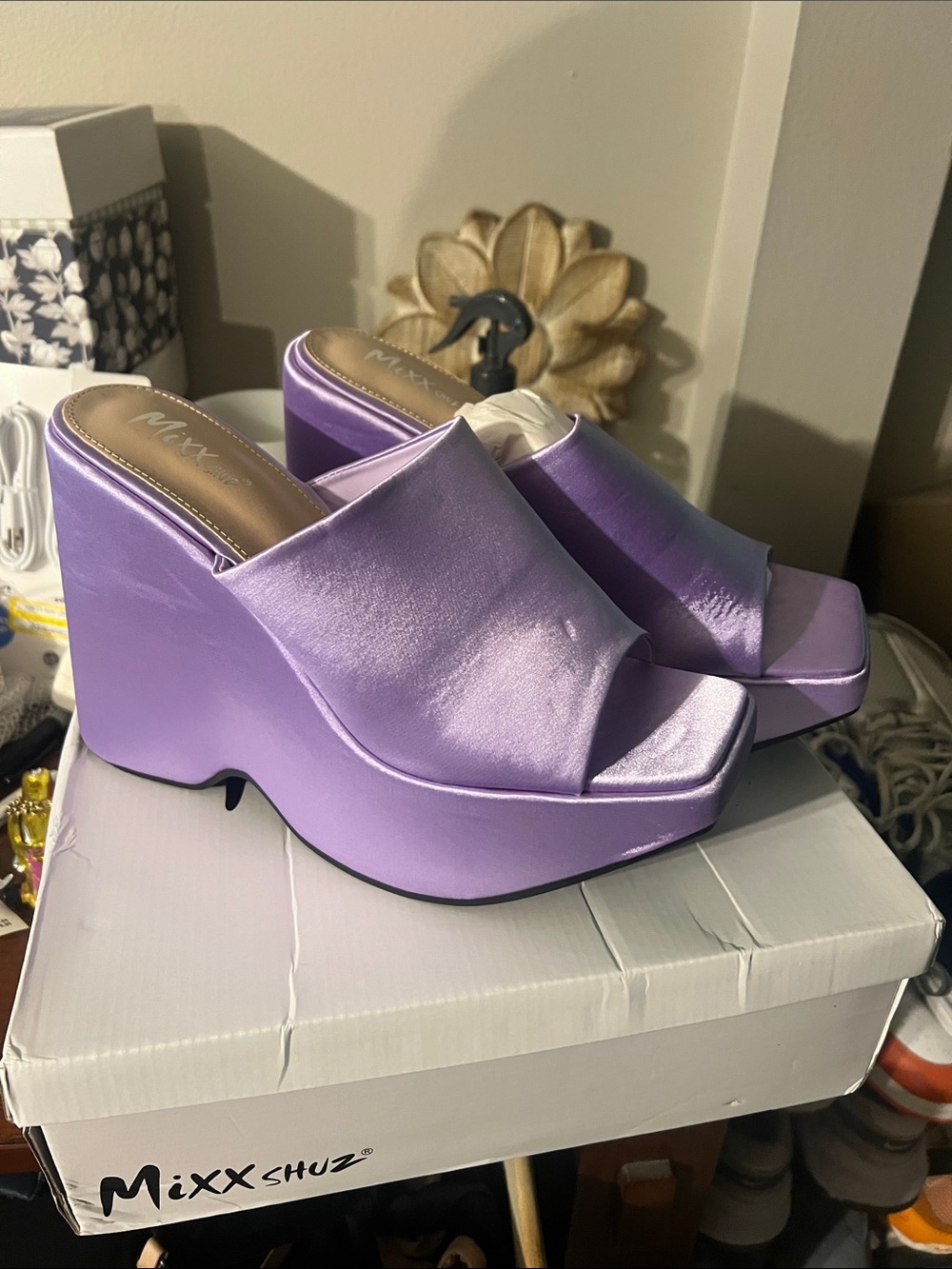 Mixx Shuz Lilac Satin Platform Wedge Mules
